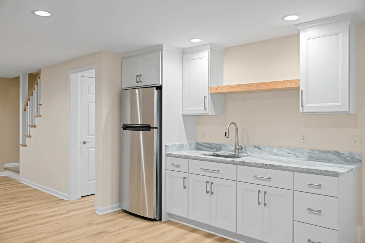 Basement kitchenette with brand new cabinetry